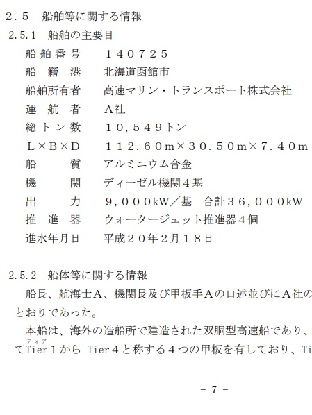 事故調査報告書の本文に船舶の情報が記載されている